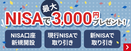 NISAで最大3,000円プレゼントNISA口座新規開設、現行NISAで取り引き、新NISAで取り引き