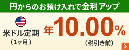 円からのお預け入れで金利アップ 米ドル定期（1ヶ月）年10.00％（税引き前）